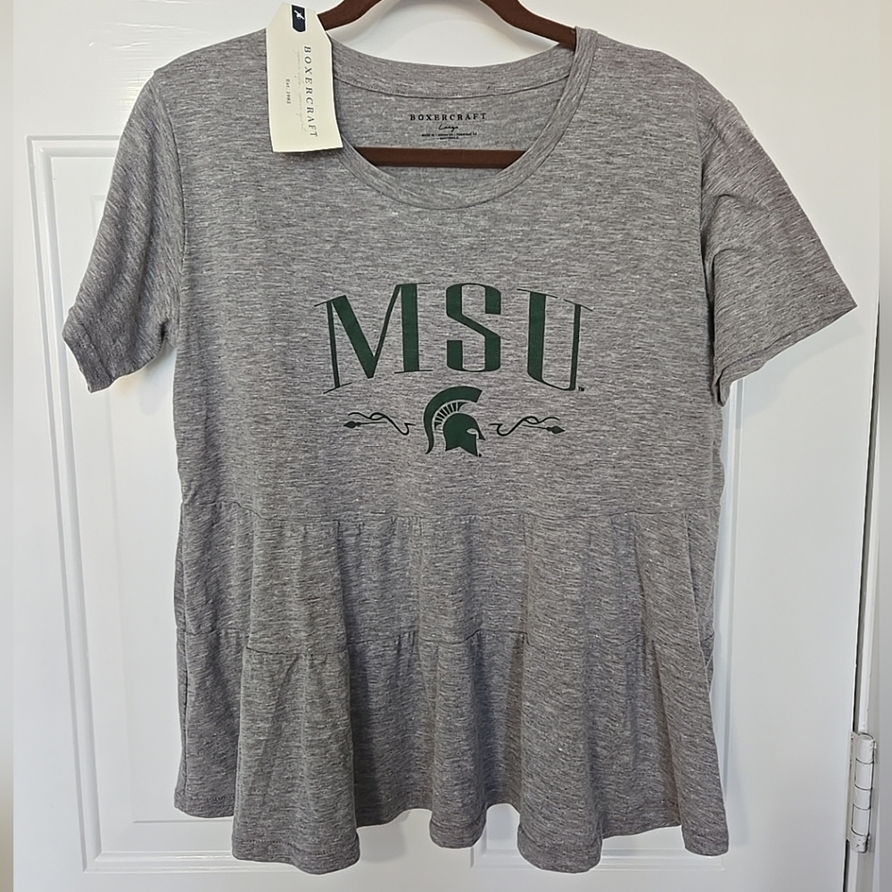 Michigan State Boxercraft Gray MSU Short Sleeve Peplum Inspired Tee. Size L NWT
